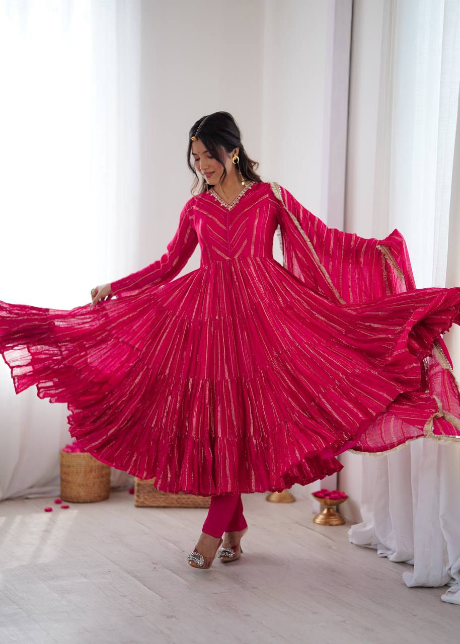 Pink Ruffle Flaired Gown for Wedding Events | Nardev Fashion