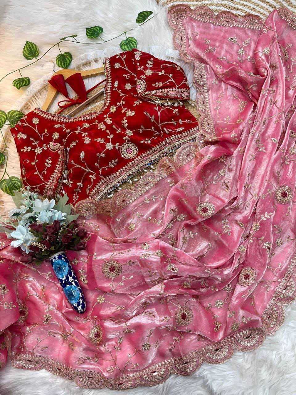 Pink Saree for Engagement Event in Weddings | Nardev Fashion | Stitched Blouse