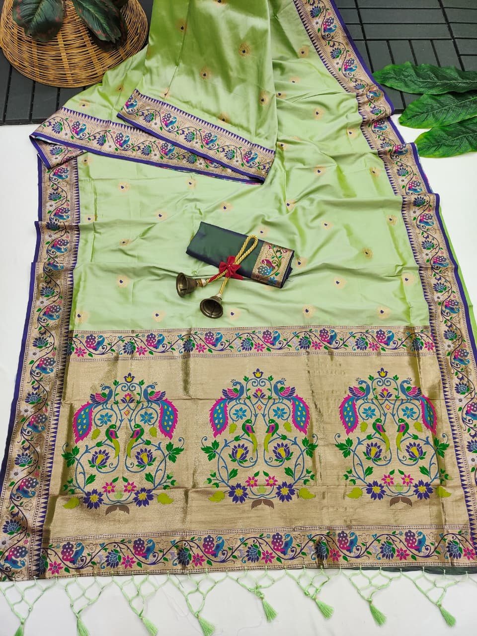 Pista Banarasi Paithani Silk Saree with Zari Pallu | Soft Silk Saree – Nardev Fashion