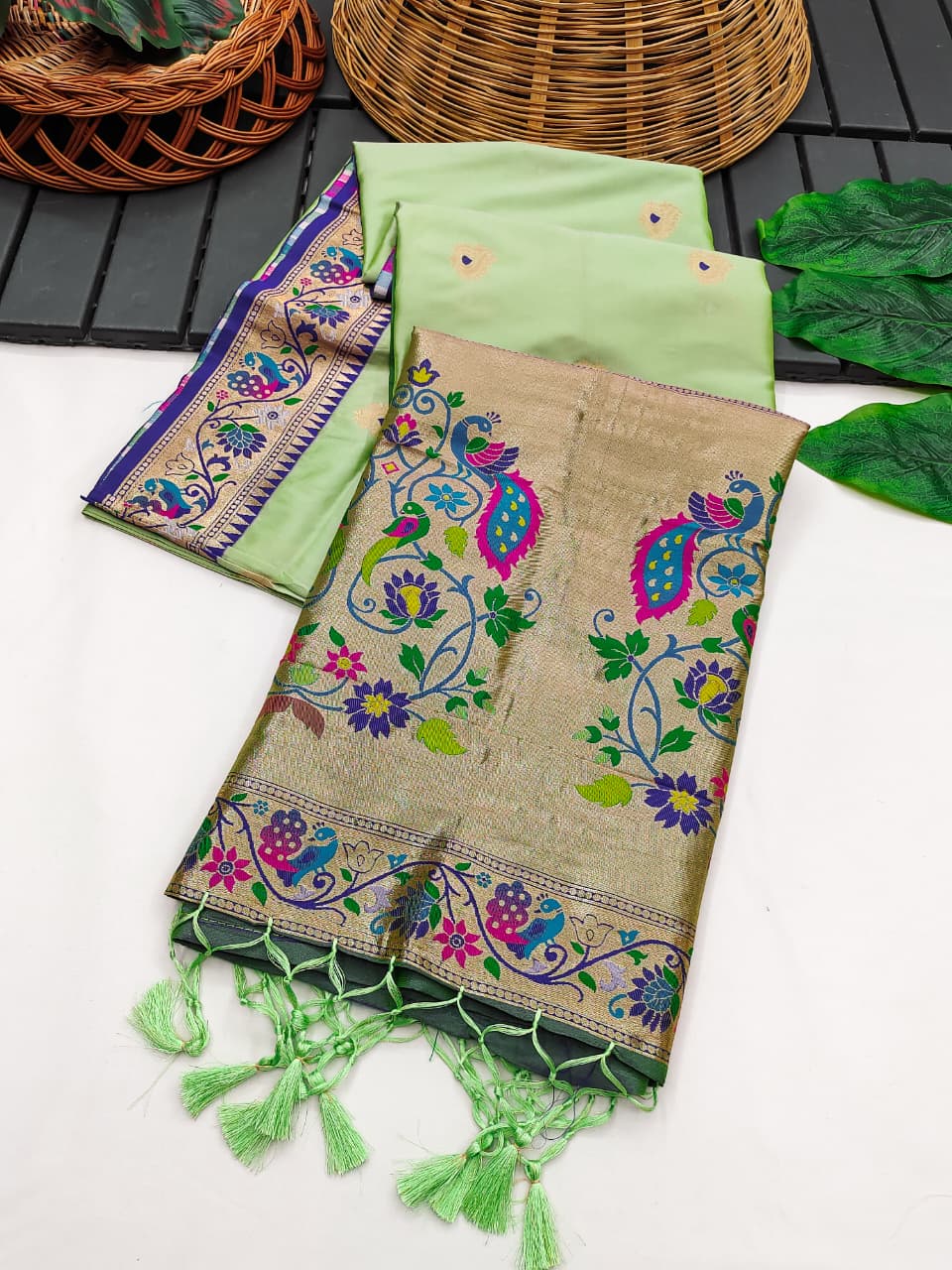 Pista Banarasi Paithani Silk Saree with Zari Pallu | Soft Silk Saree – Nardev Fashion