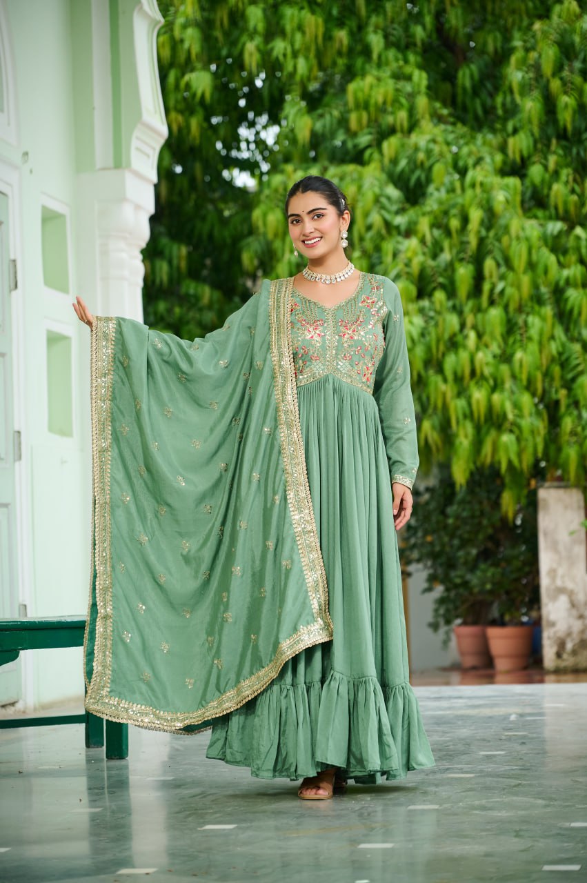 Pista Green Color Partywear Dress | Nardev Fashion
