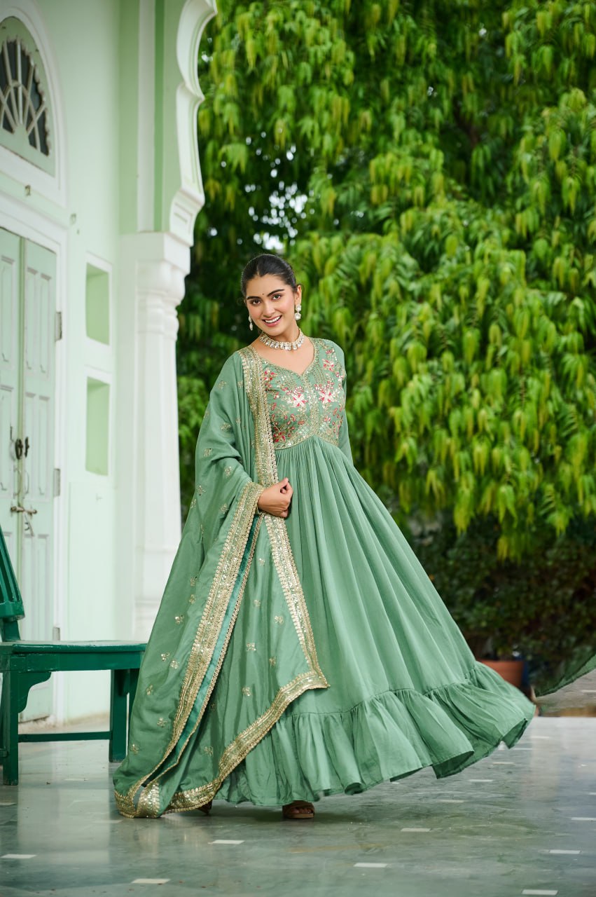 Pista Green Color Partywear Dress | Nardev Fashion