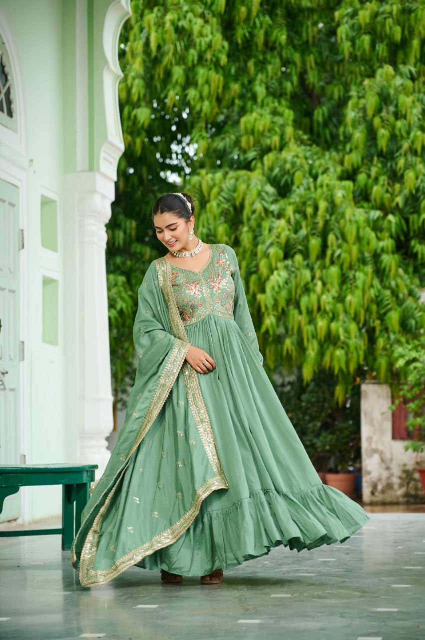 Pista Green Color Partywear Dress | Nardev Fashion