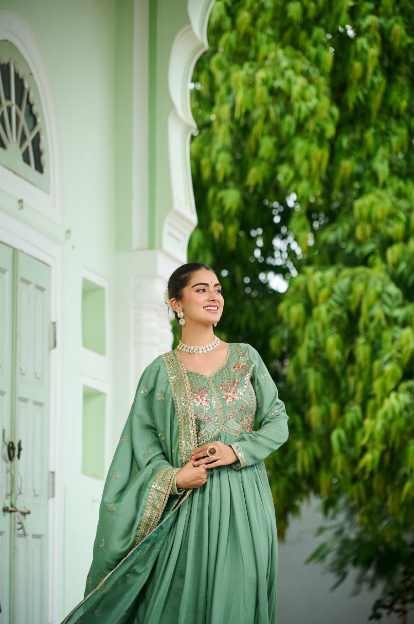Pista Green Color Partywear Dress | Nardev Fashion