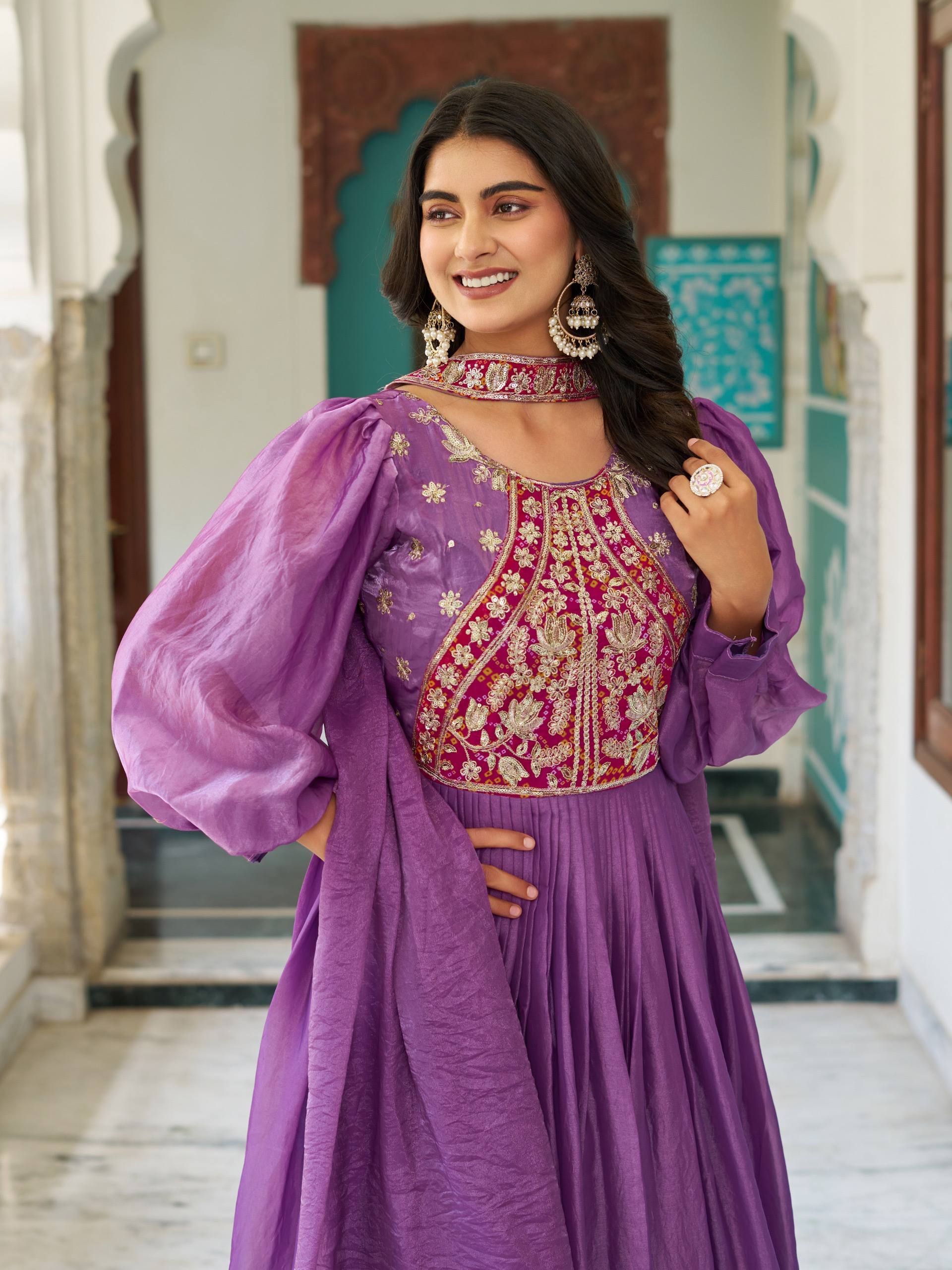 Purple Color Bishop Sleeves Anarkali Dress | Nardev Fashion