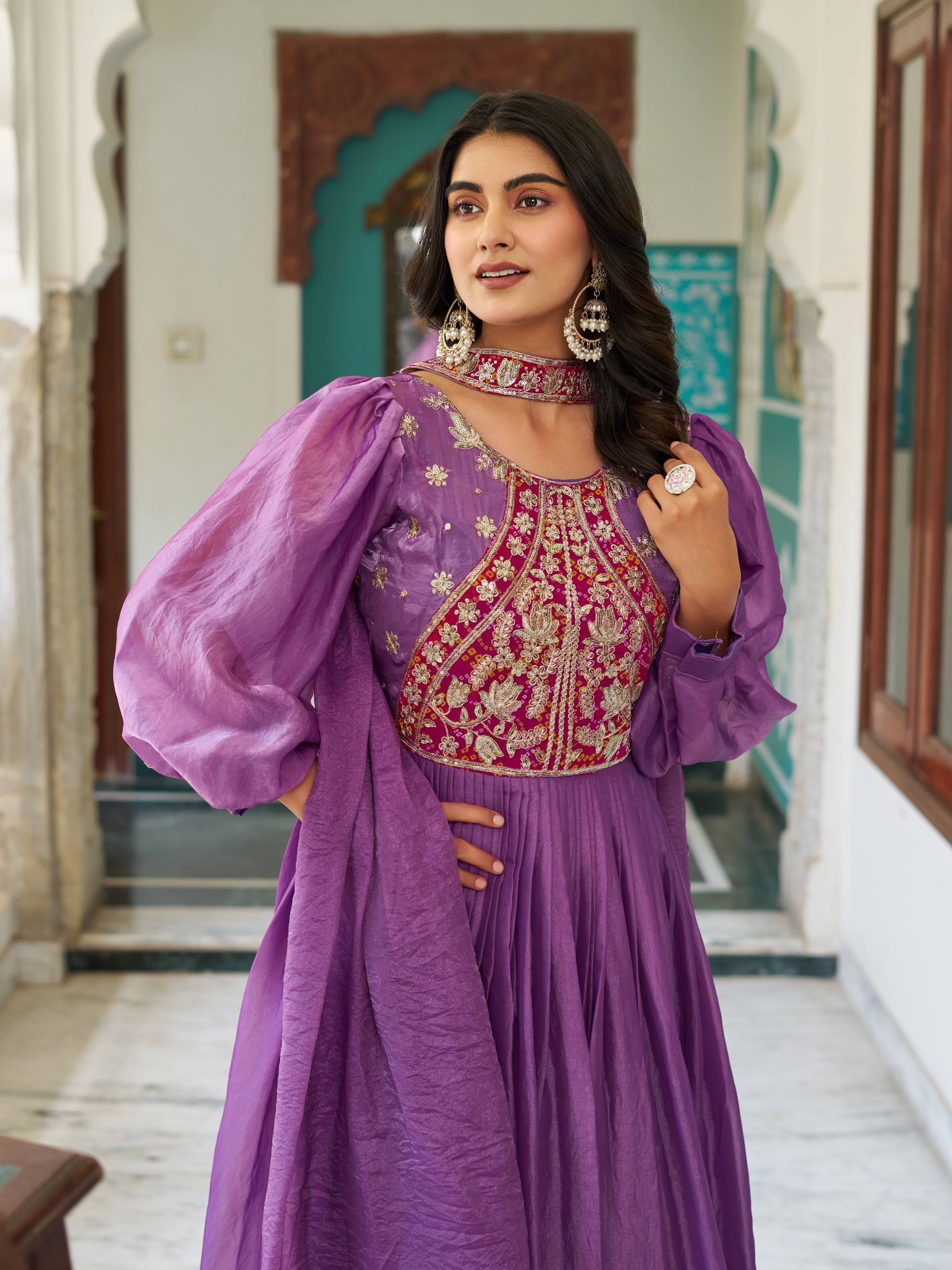 Purple Color Bishop Sleeves Anarkali Dress | Nardev Fashion