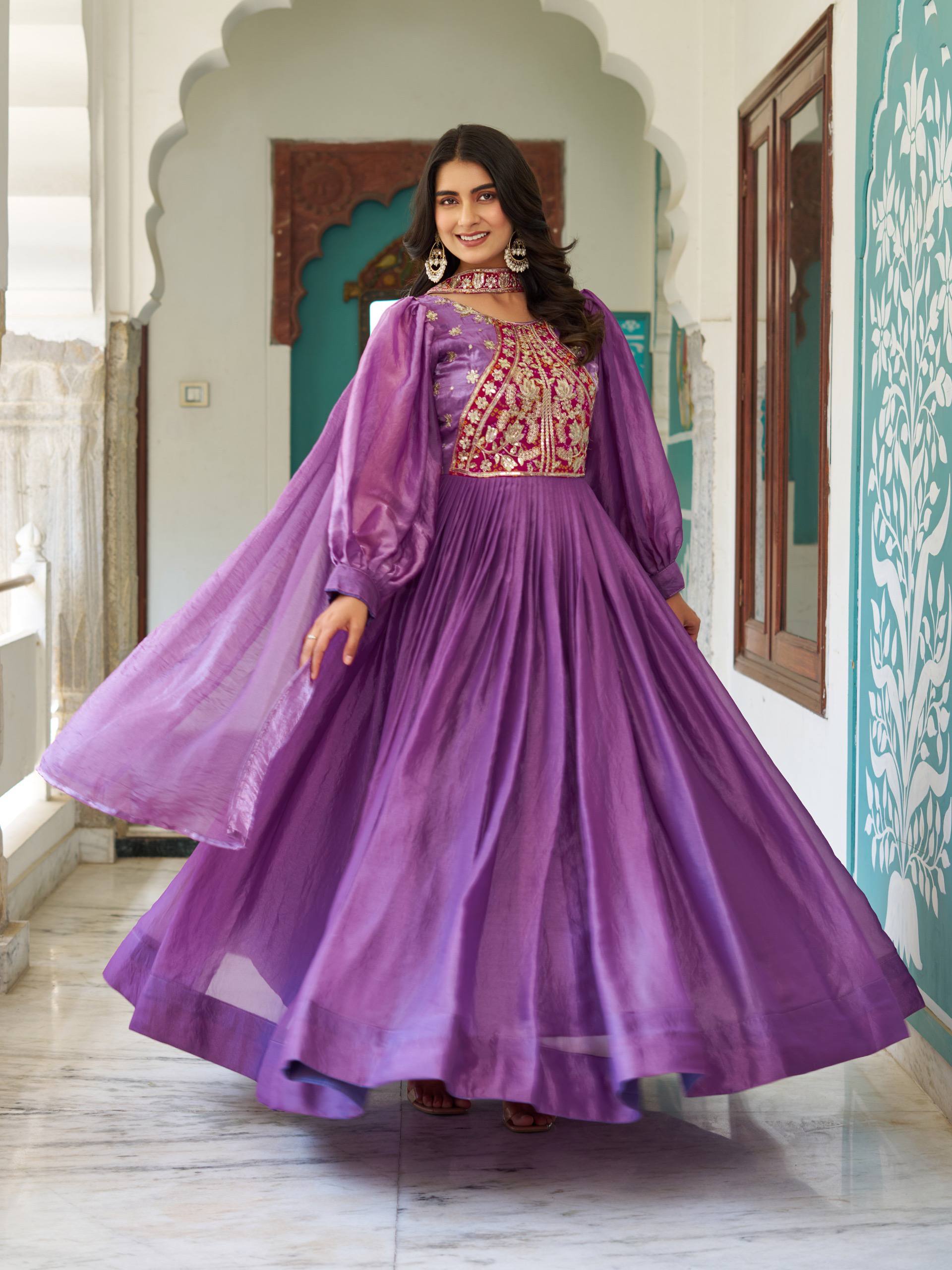 Purple Color Bishop Sleeves Anarkali Dress | Nardev Fashion