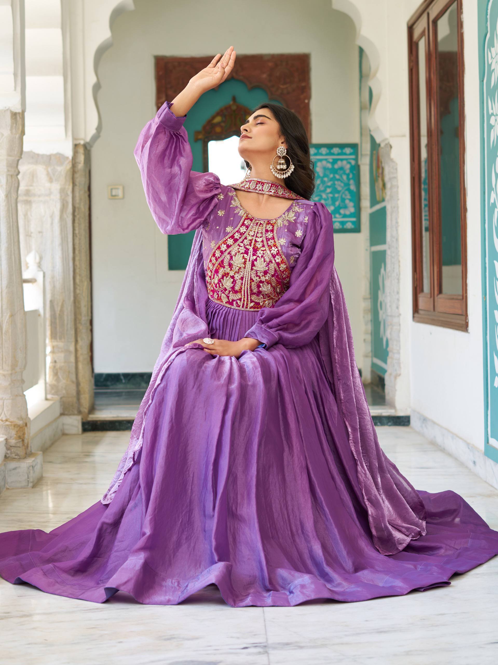 Purple Color Bishop Sleeves Anarkali Dress | Nardev Fashion