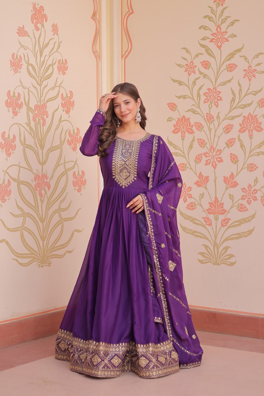 Purple Festival & Wedding Designer Gown Set with Dupatta | Nardev Fashion