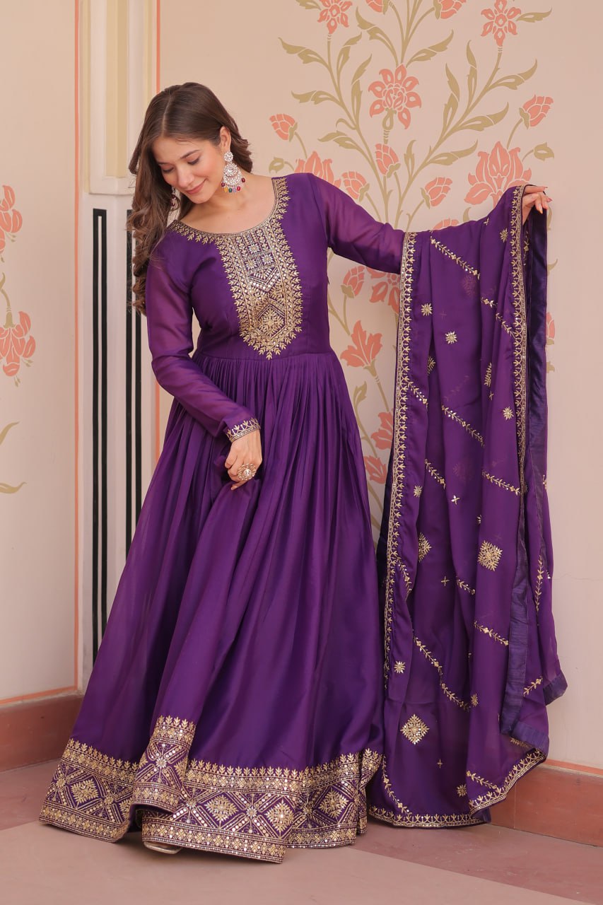 Purple Festival & Wedding Designer Gown Set with Dupatta | Nardev Fashion
