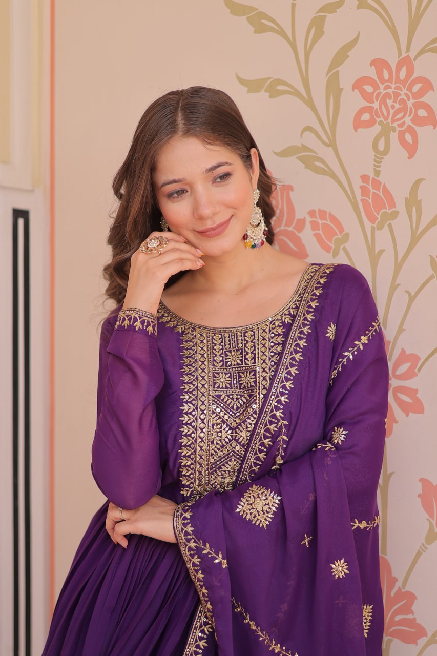 Purple Festival & Wedding Designer Gown Set with Dupatta | Nardev Fashion