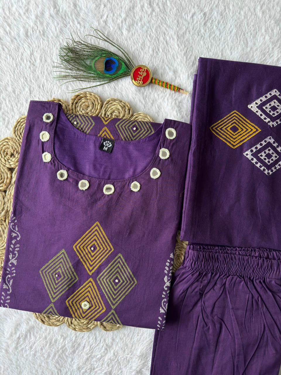 Purple Color Cotton A-Line Kurti Pant Dupatta Set | Nardev Fashion