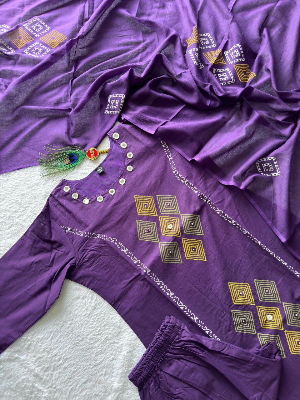 Purple Color Cotton A-Line Kurti Pant Dupatta Set | Nardev Fashion