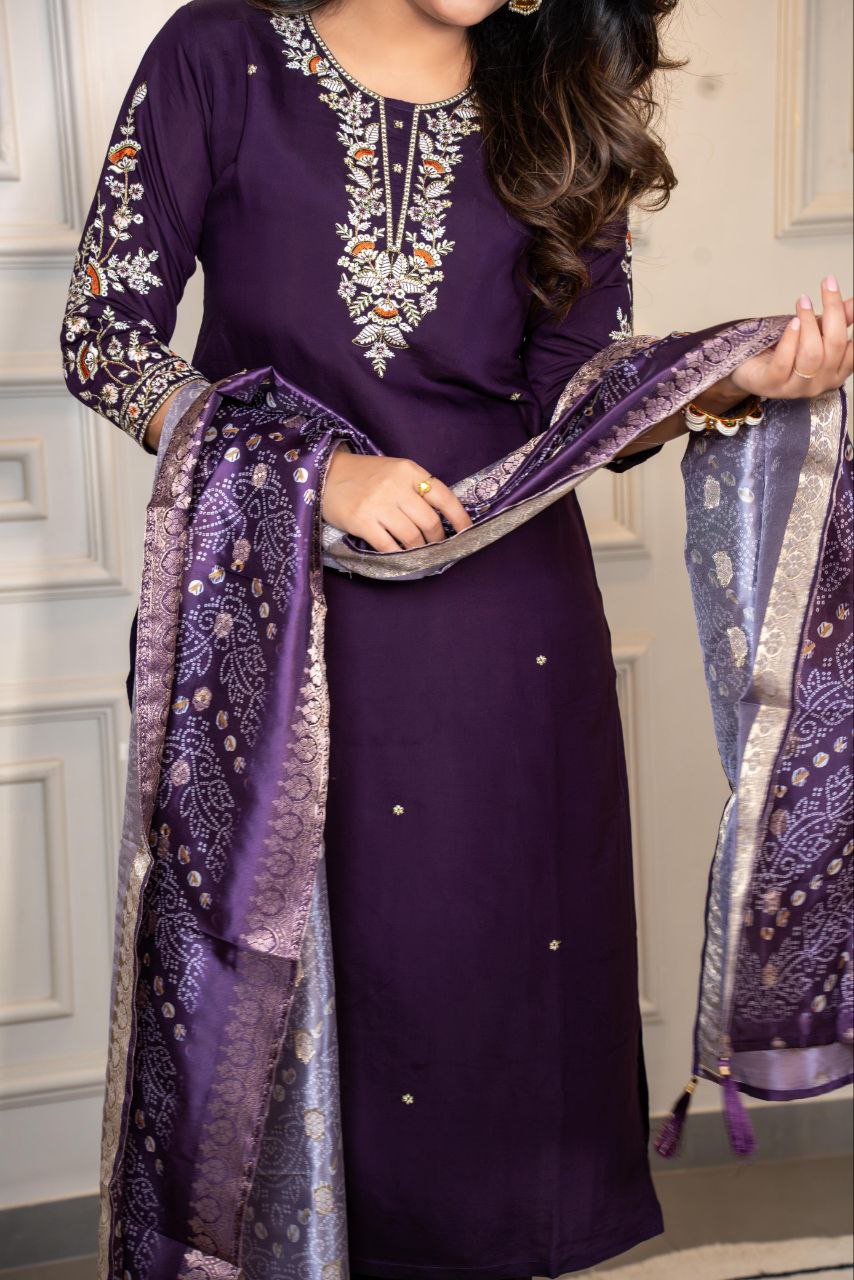 Purple Color Roman Silk Kurta Set with Dupatta