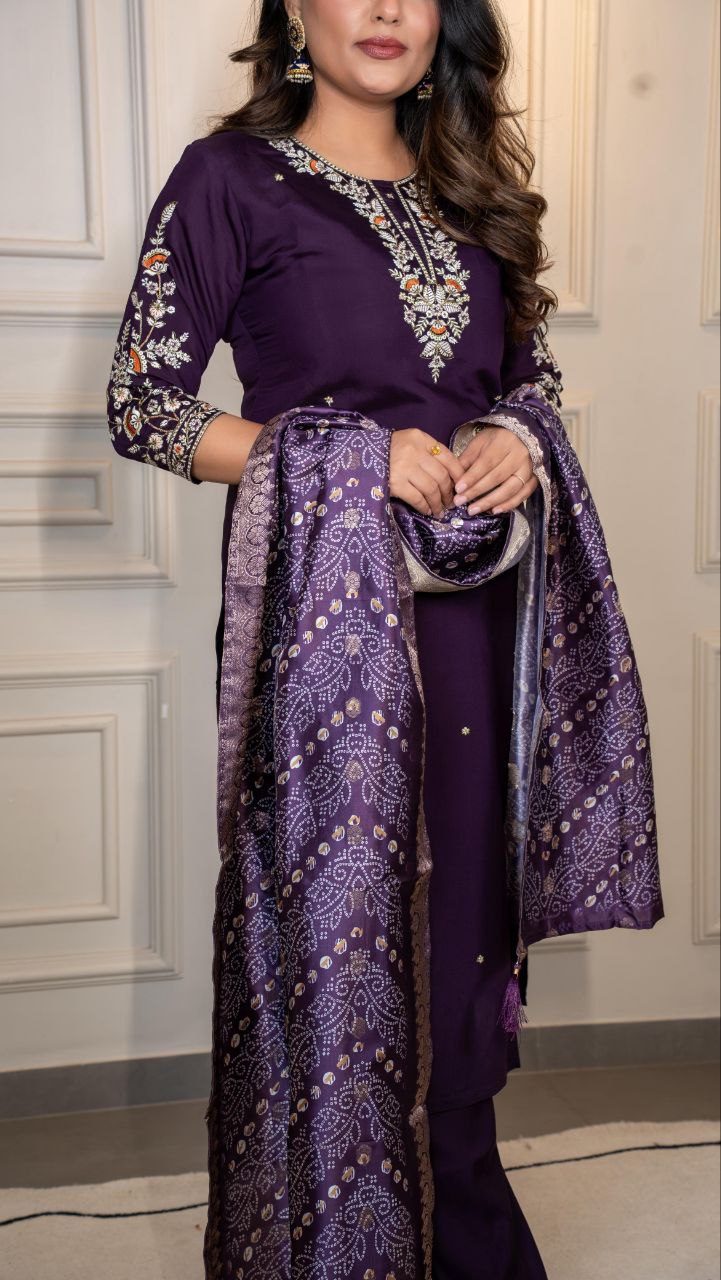 Purple Color Roman Silk Kurta Set with Dupatta