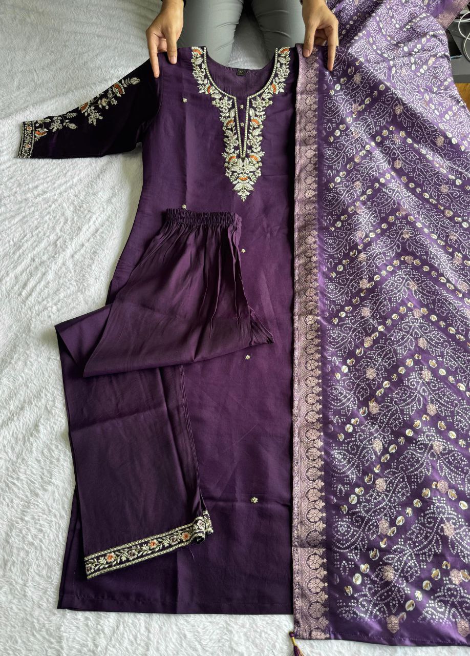 Purple Color Roman Silk Kurta Set with Dupatta