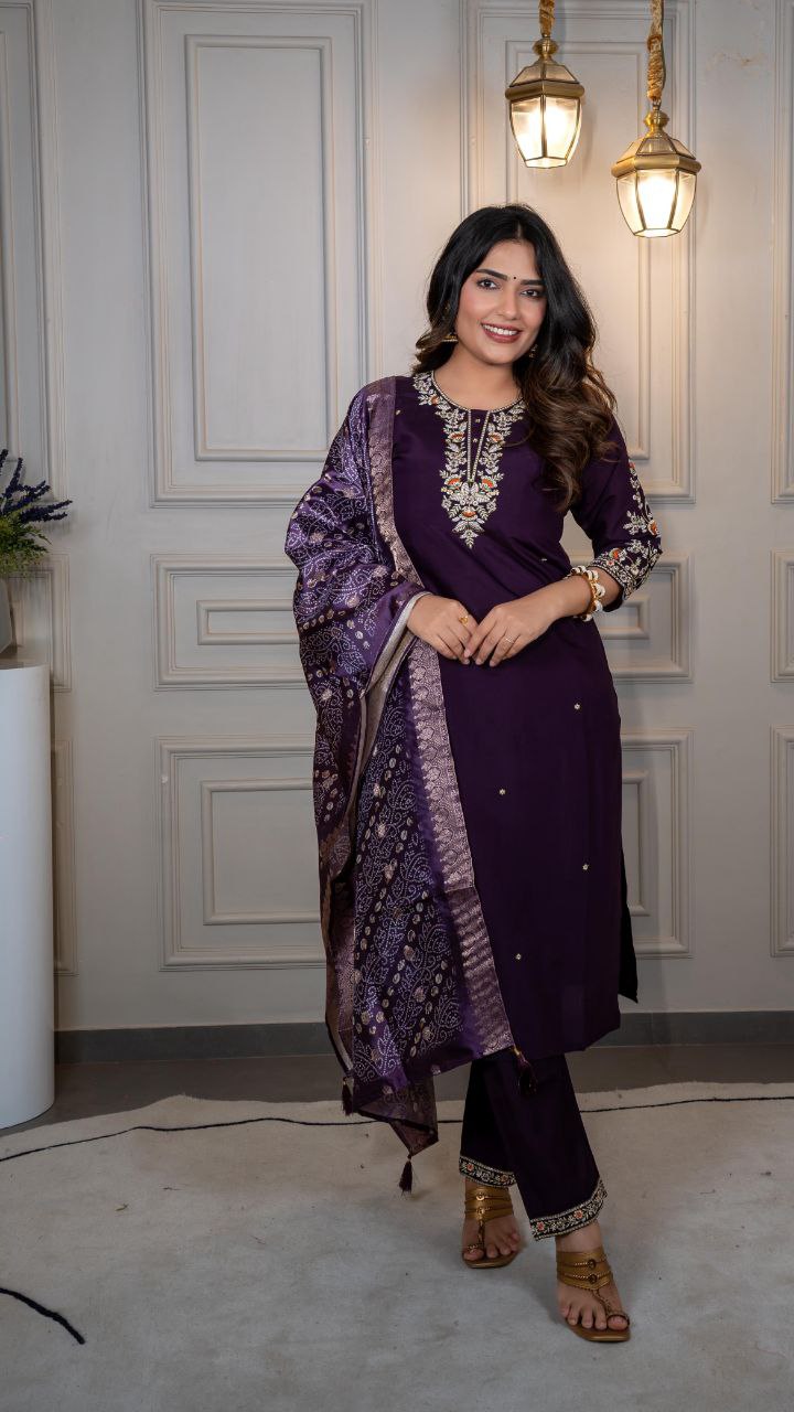 Purple Color Roman Silk Kurta Set with Dupatta