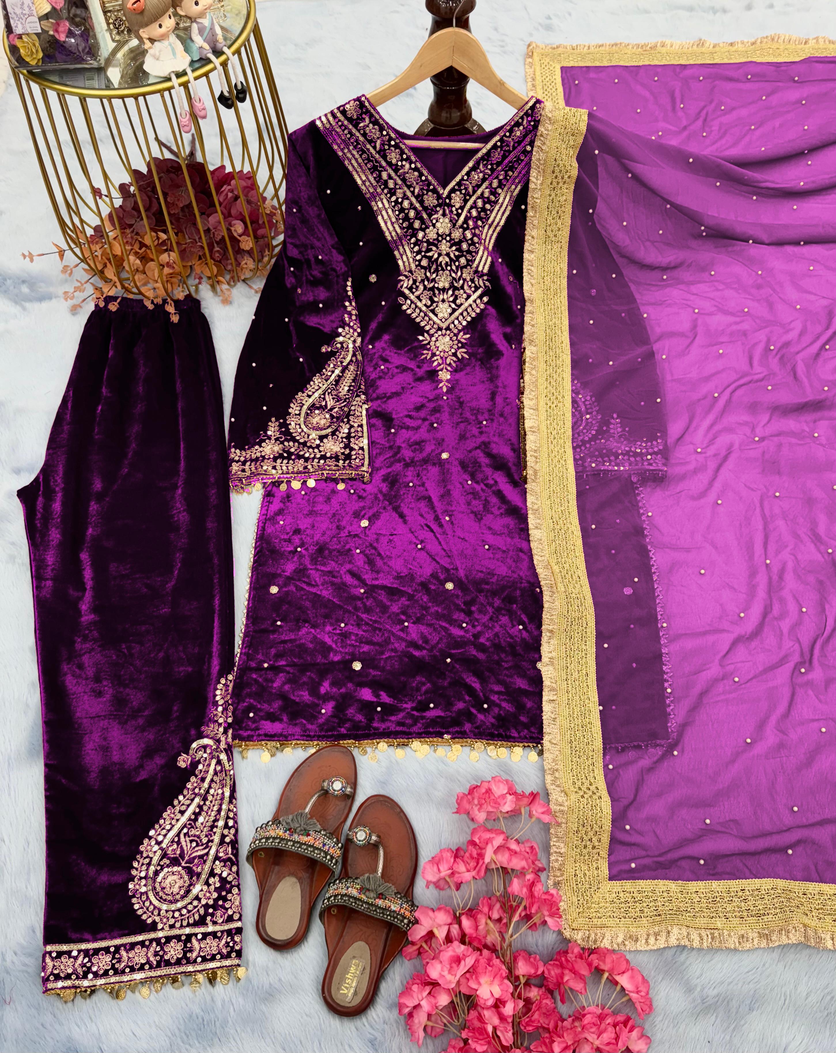 Purple Color Winter Velvet Suit – Ready to Wear (M–XXL) | Nardev Fashion