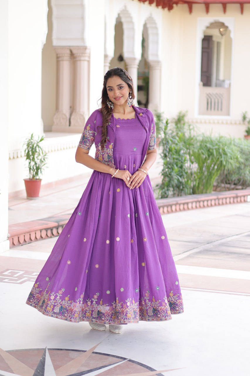 Purple Sangeet & Mehandi Function Outfit for Girls| Gown with Koti | Nardev Fashion