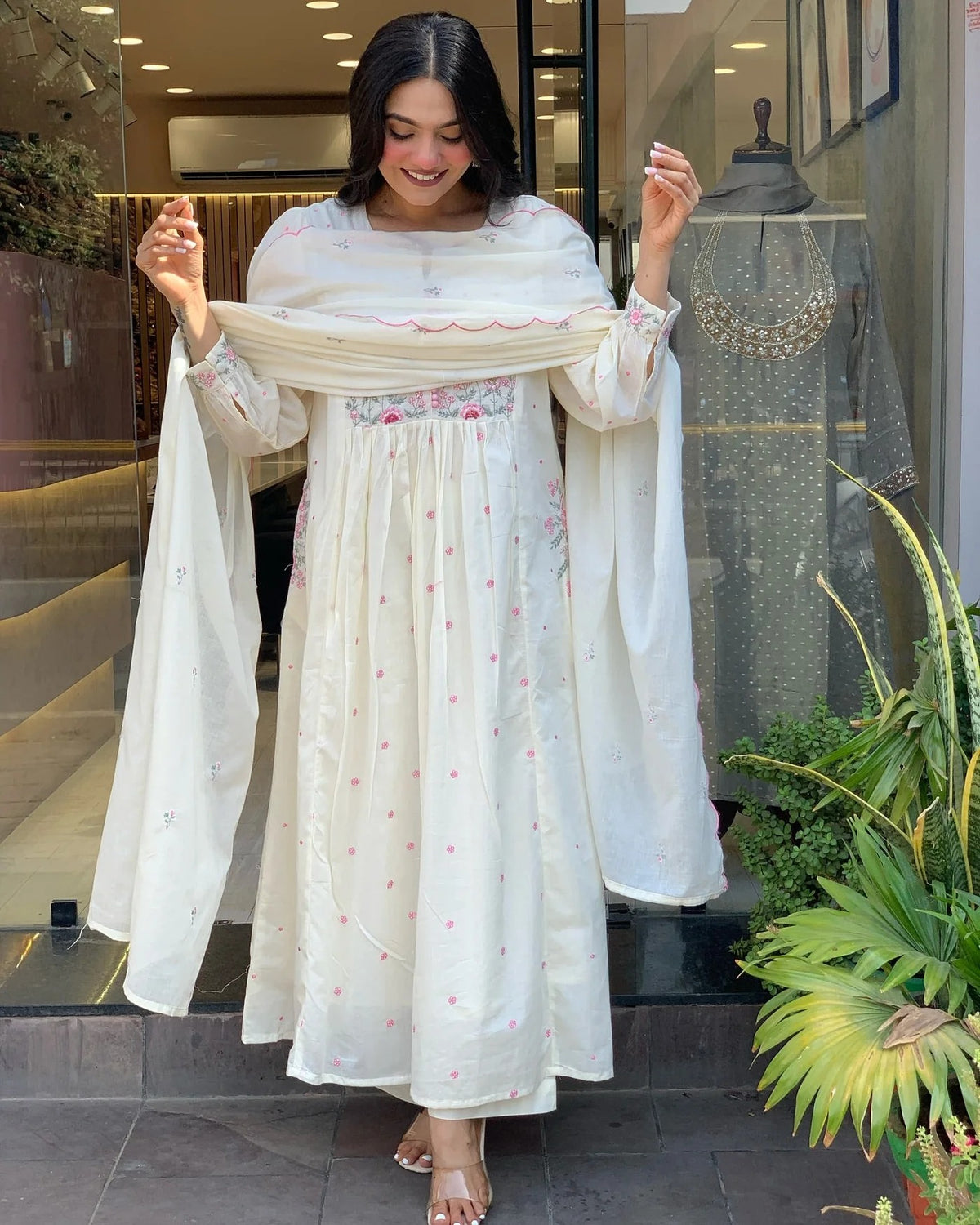 Ivory White Mal Cotton Embroidered Anarkali Suit Set with Dupatta