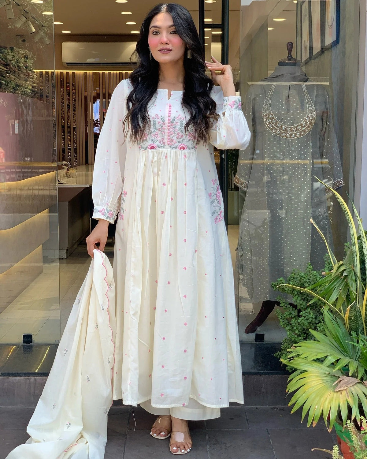 Ivory White Mal Cotton Embroidered Anarkali Suit Set with Dupatta