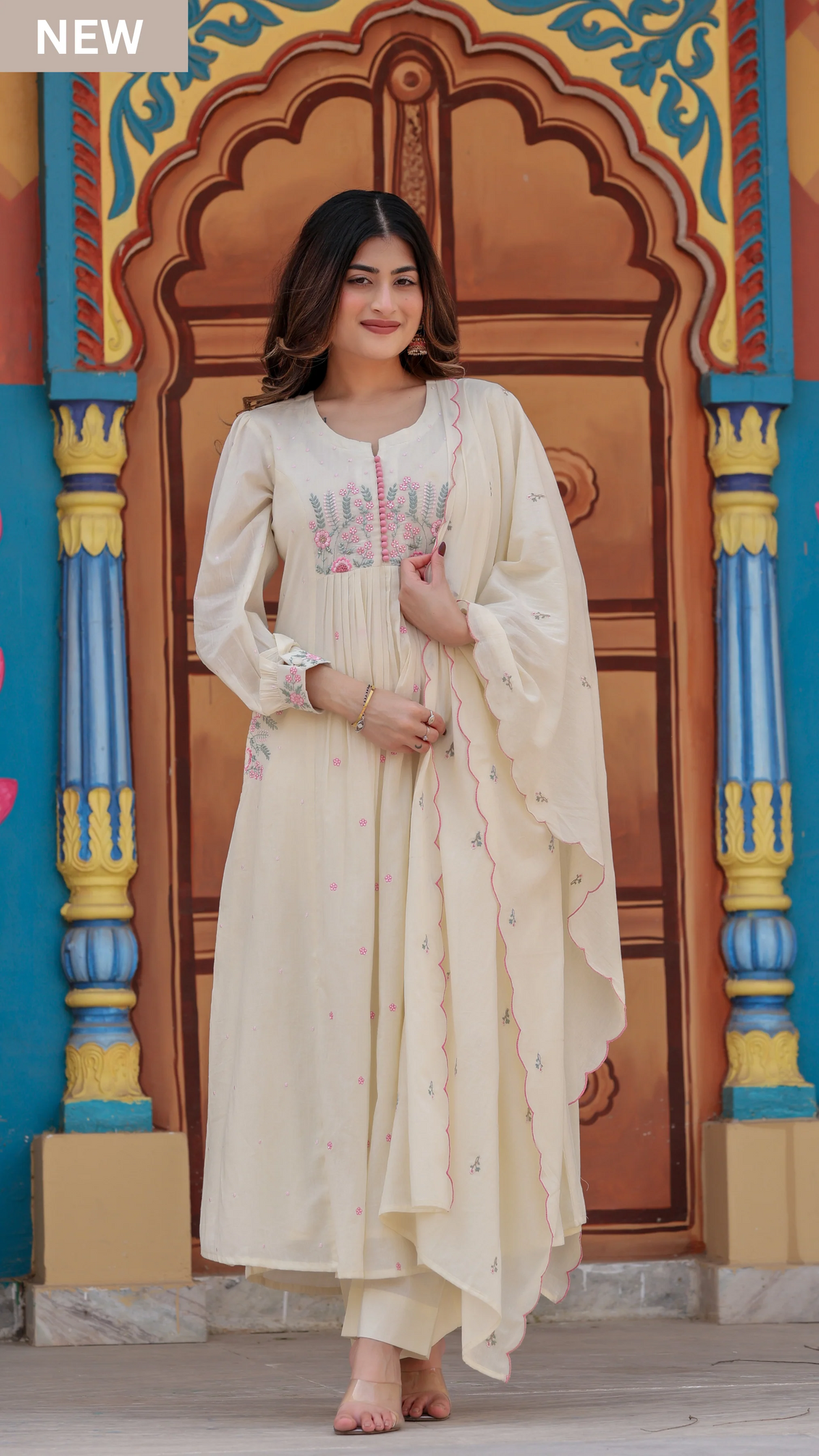 Ivory White Mal Cotton Embroidered Anarkali Suit Set with Dupatta