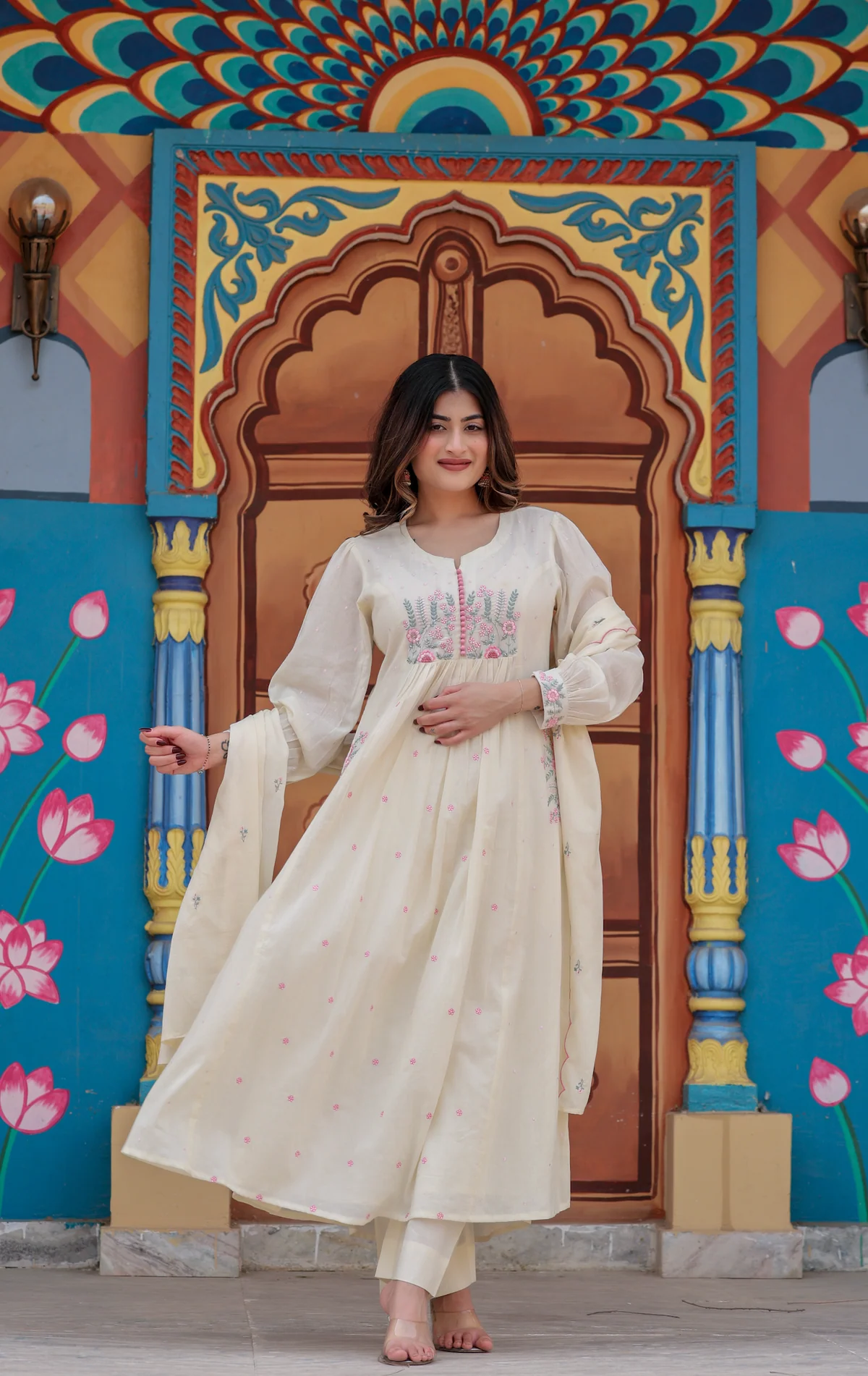 Ivory White Mal Cotton Embroidered Anarkali Suit Set with Dupatta