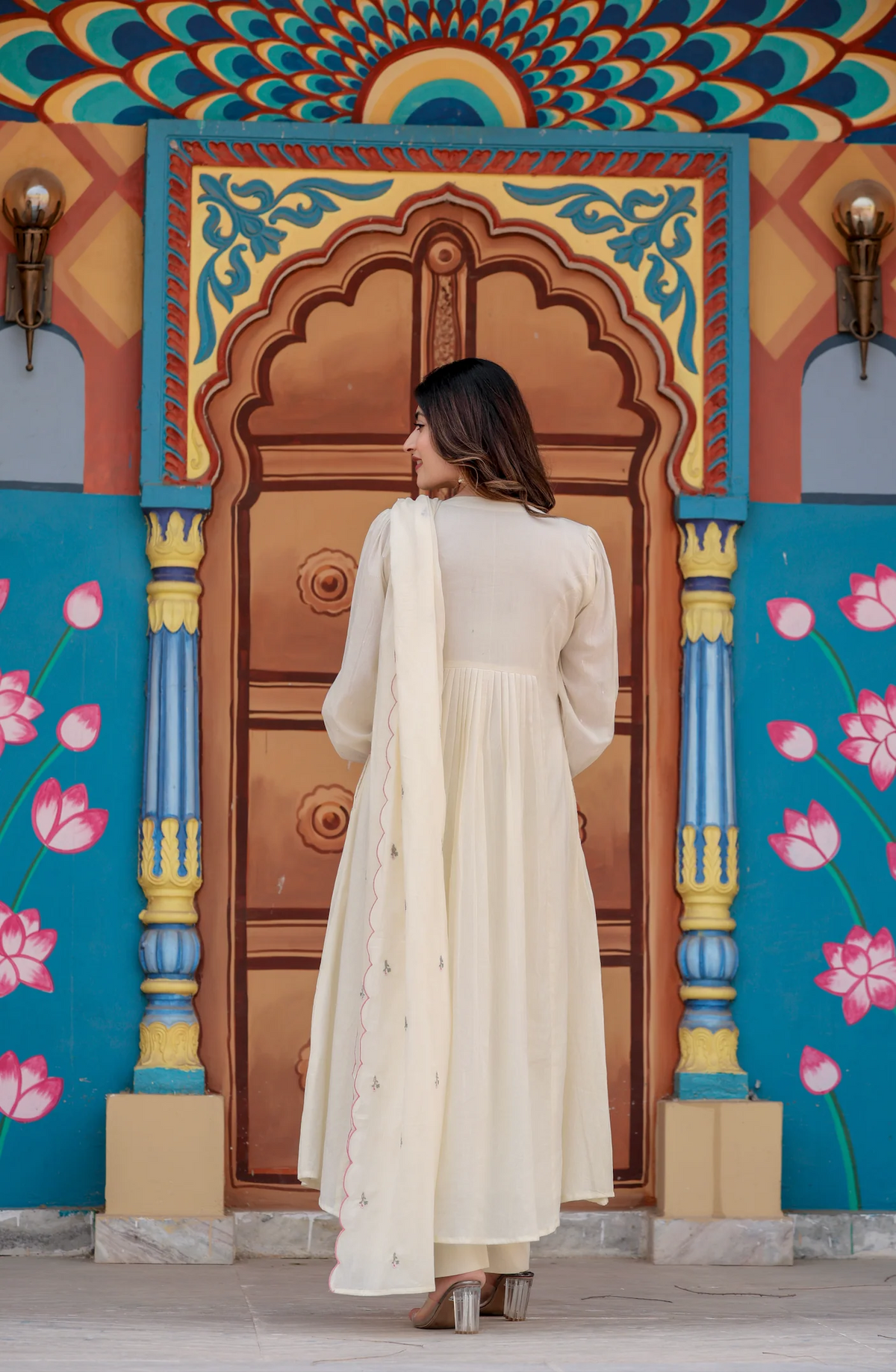 Ivory White Mal Cotton Embroidered Anarkali Suit Set with Dupatta