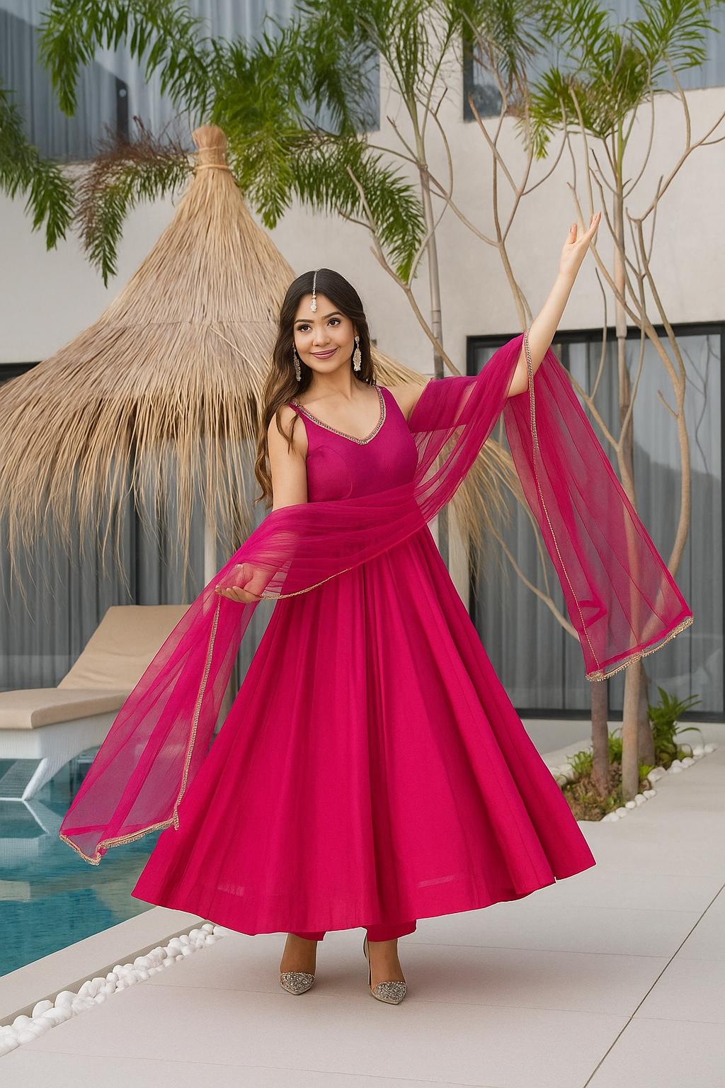 Rani Pink Color Roman Silk Chanderi Anarkali Gown Set - Aarti Chauhan