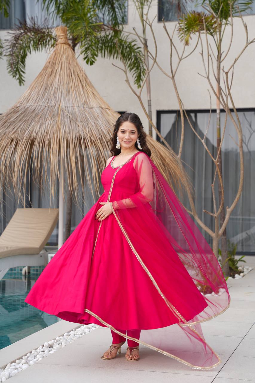 Rani Pink Color Roman Silk Chanderi Anarkali Gown Set - Aarti Chauhan