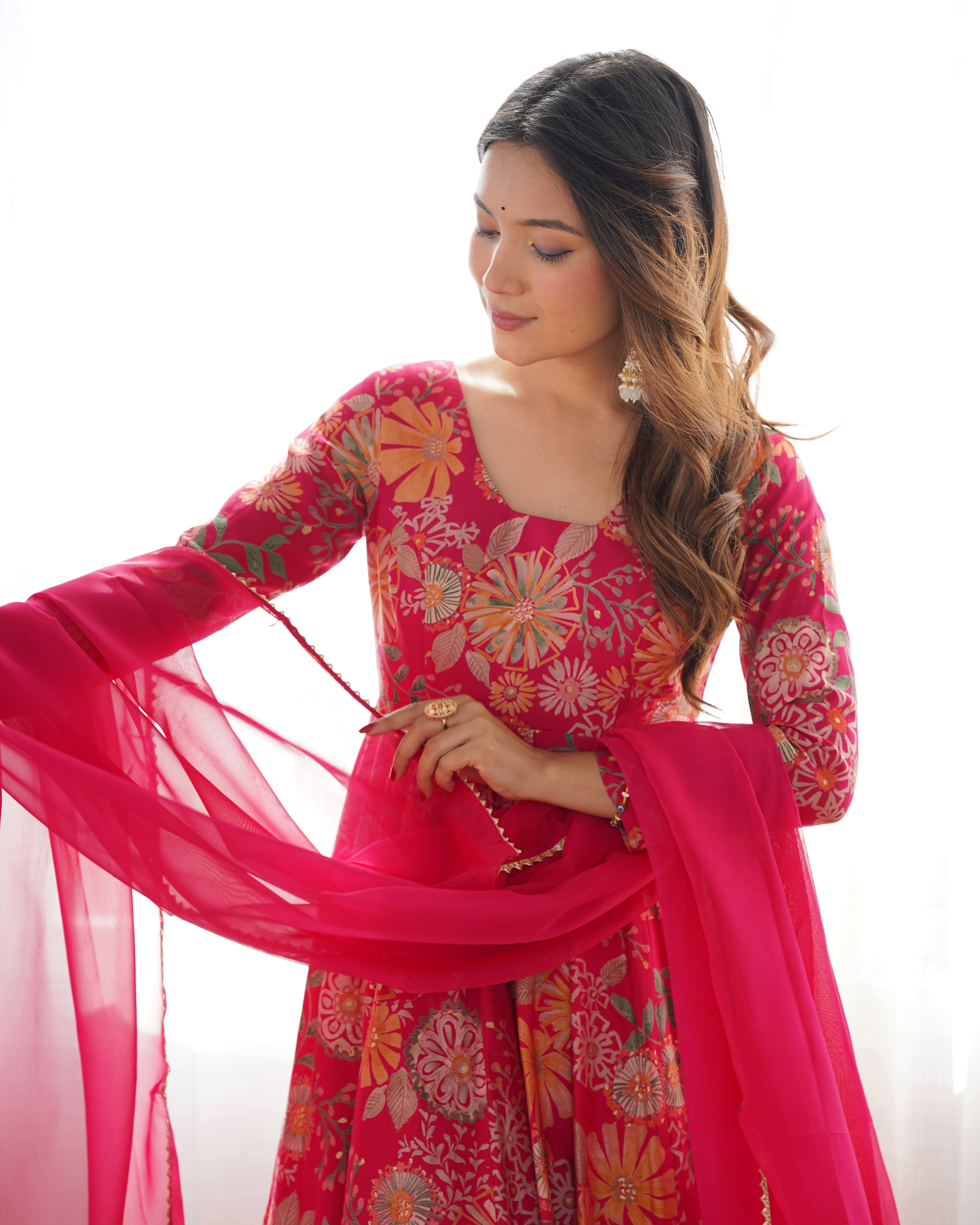 Ranipink Soft Roman Sillk Chanderi Kediya Dress