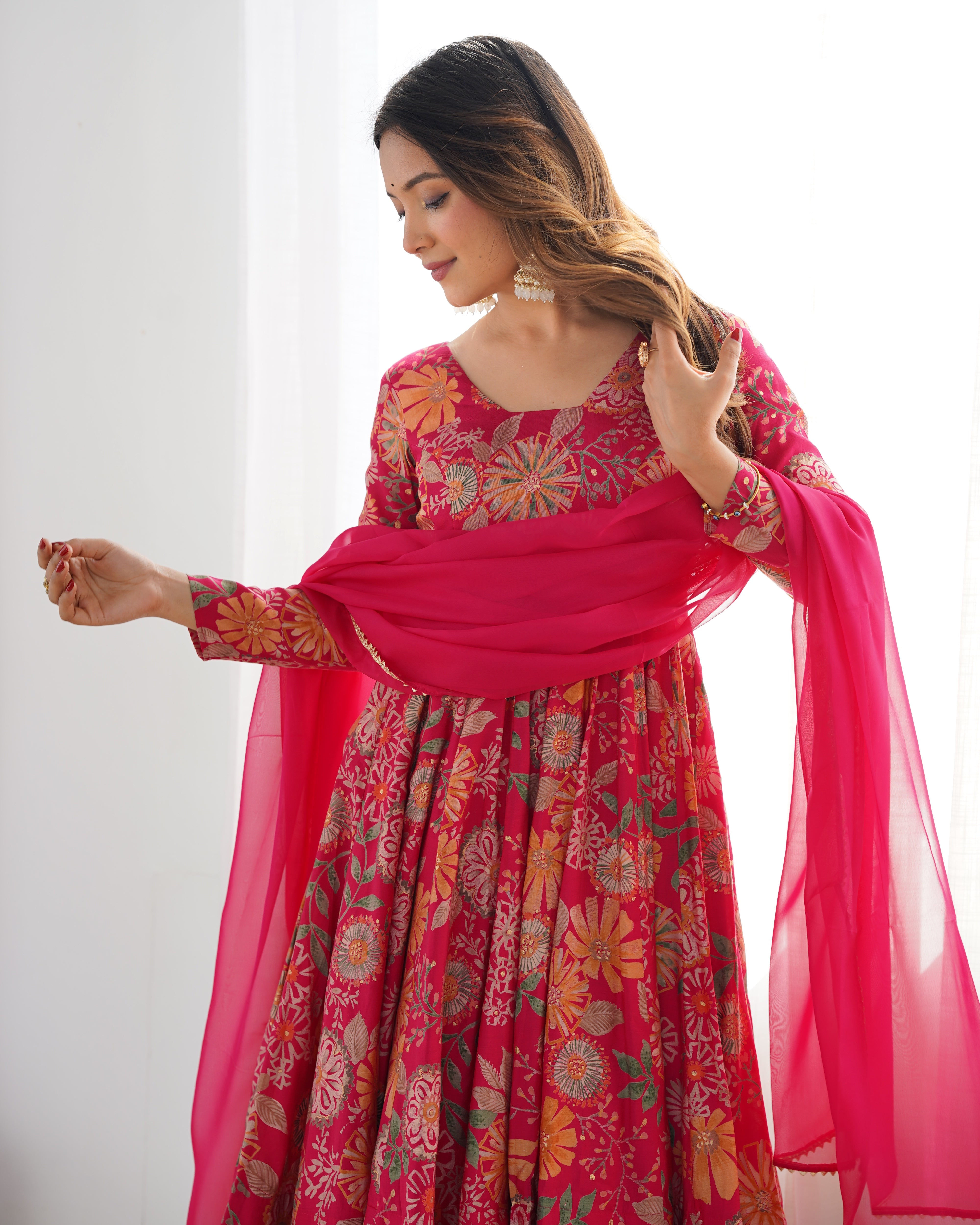 Ranipink Soft Roman Sillk Chanderi Kediya Dress