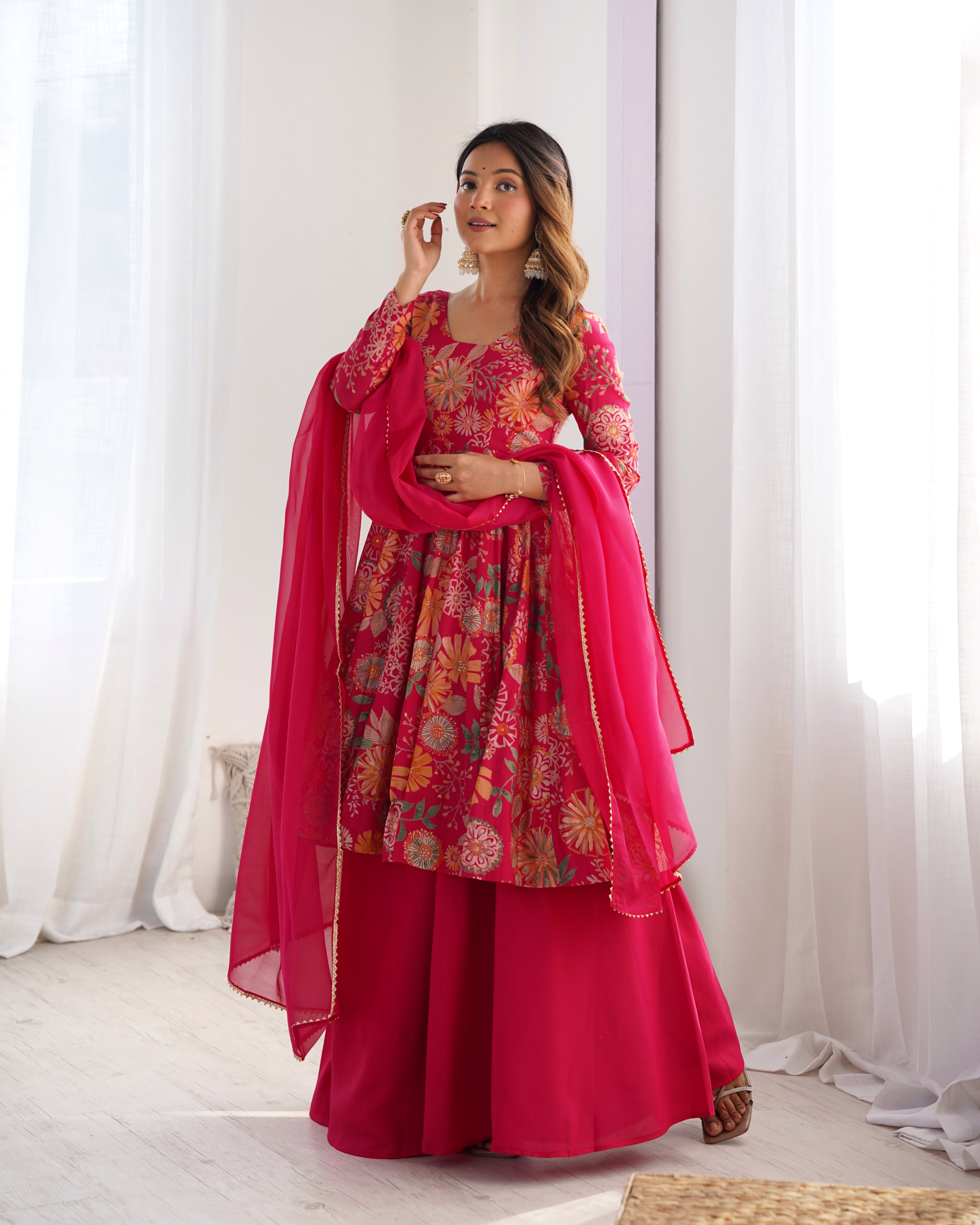 Ranipink Soft Roman Sillk Chanderi Kediya Dress