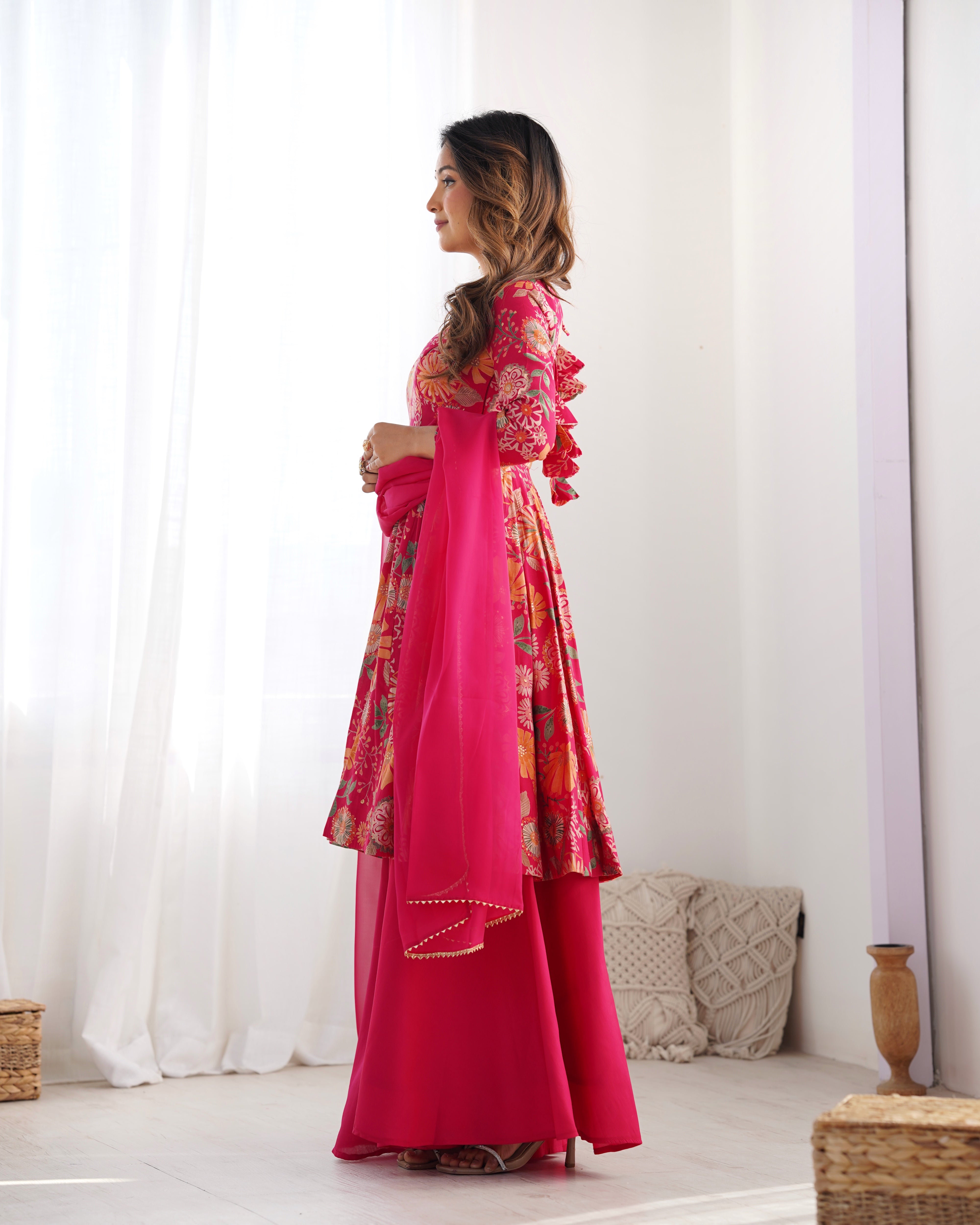 Ranipink Soft Roman Sillk Chanderi Kediya Dress