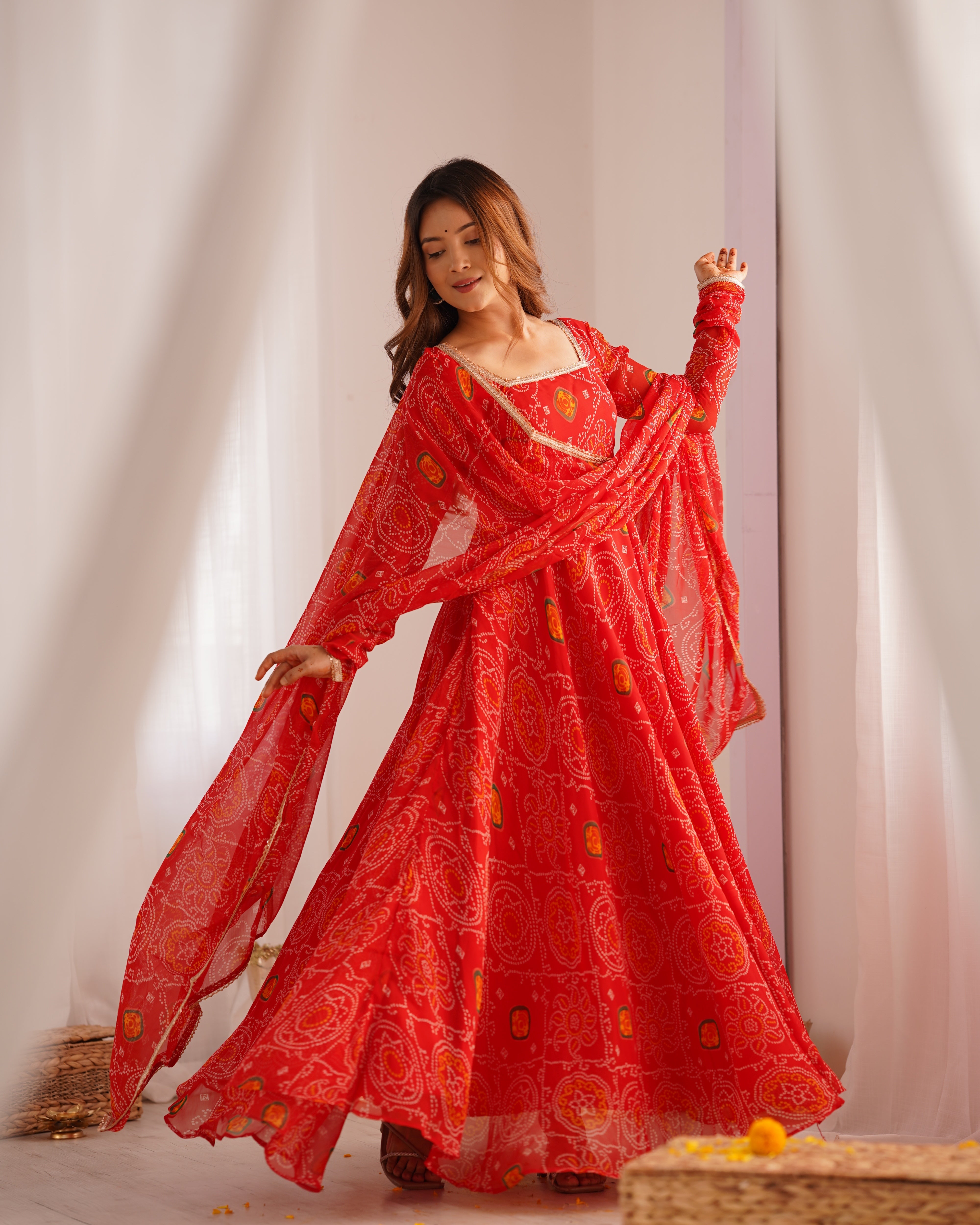 Red Color Bandhej Chiffon Floral Anarkali | Nardev Fashion