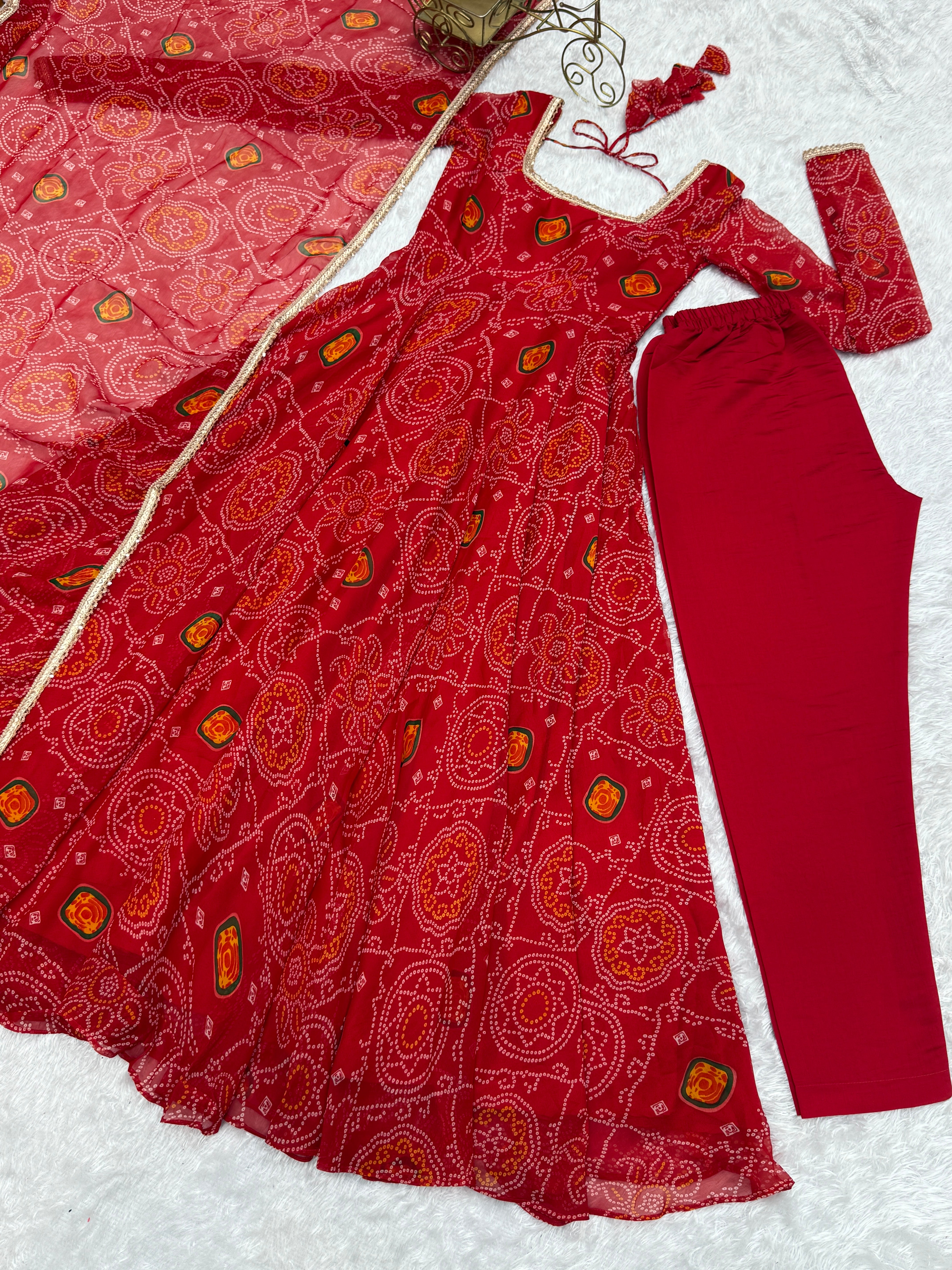 Red Color Bandhej Chiffon Floral Anarkali | Nardev Fashion
