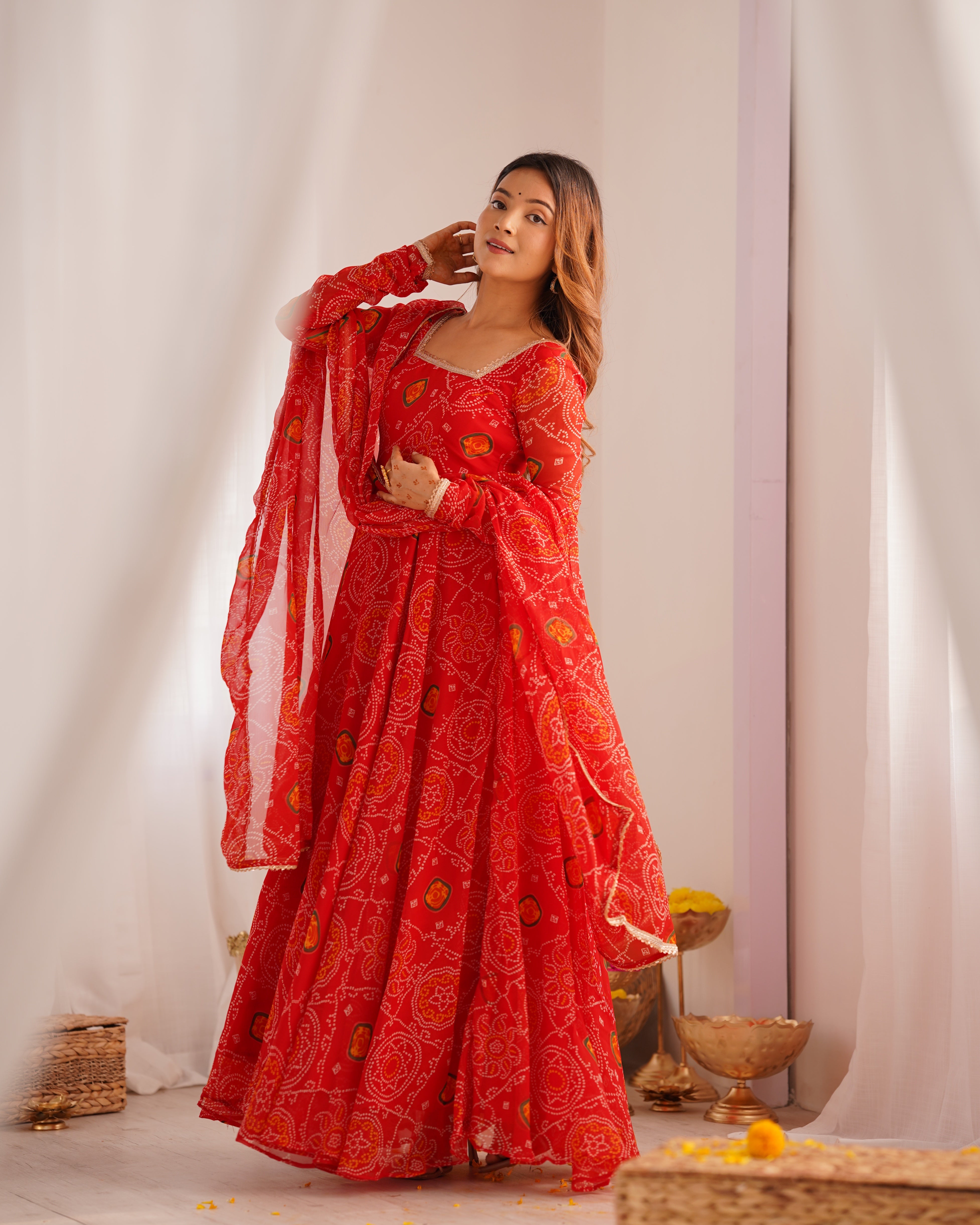 Red Color Bandhej Chiffon Floral Anarkali | Nardev Fashion