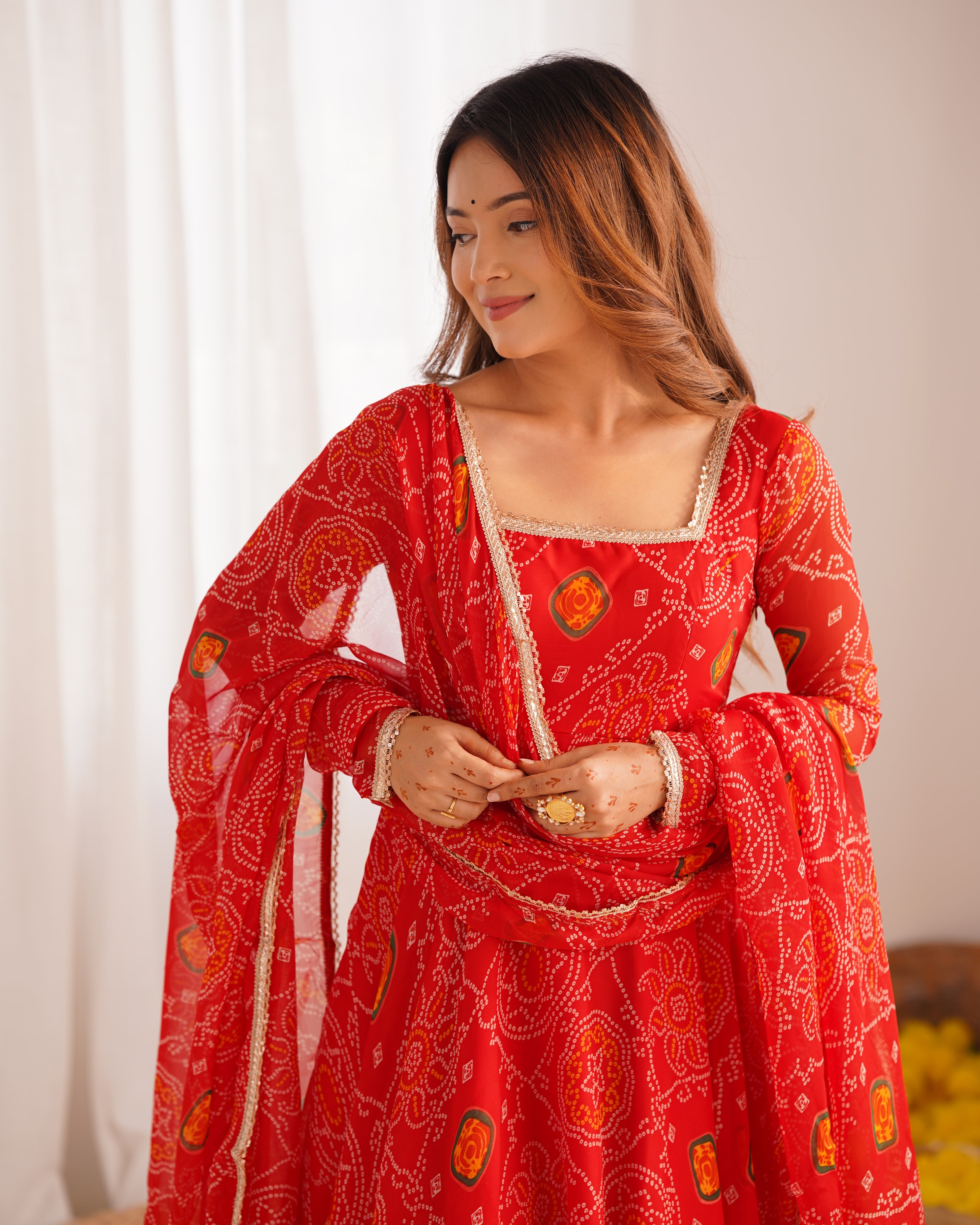 Red Color Bandhej Chiffon Floral Anarkali | Nardev Fashion