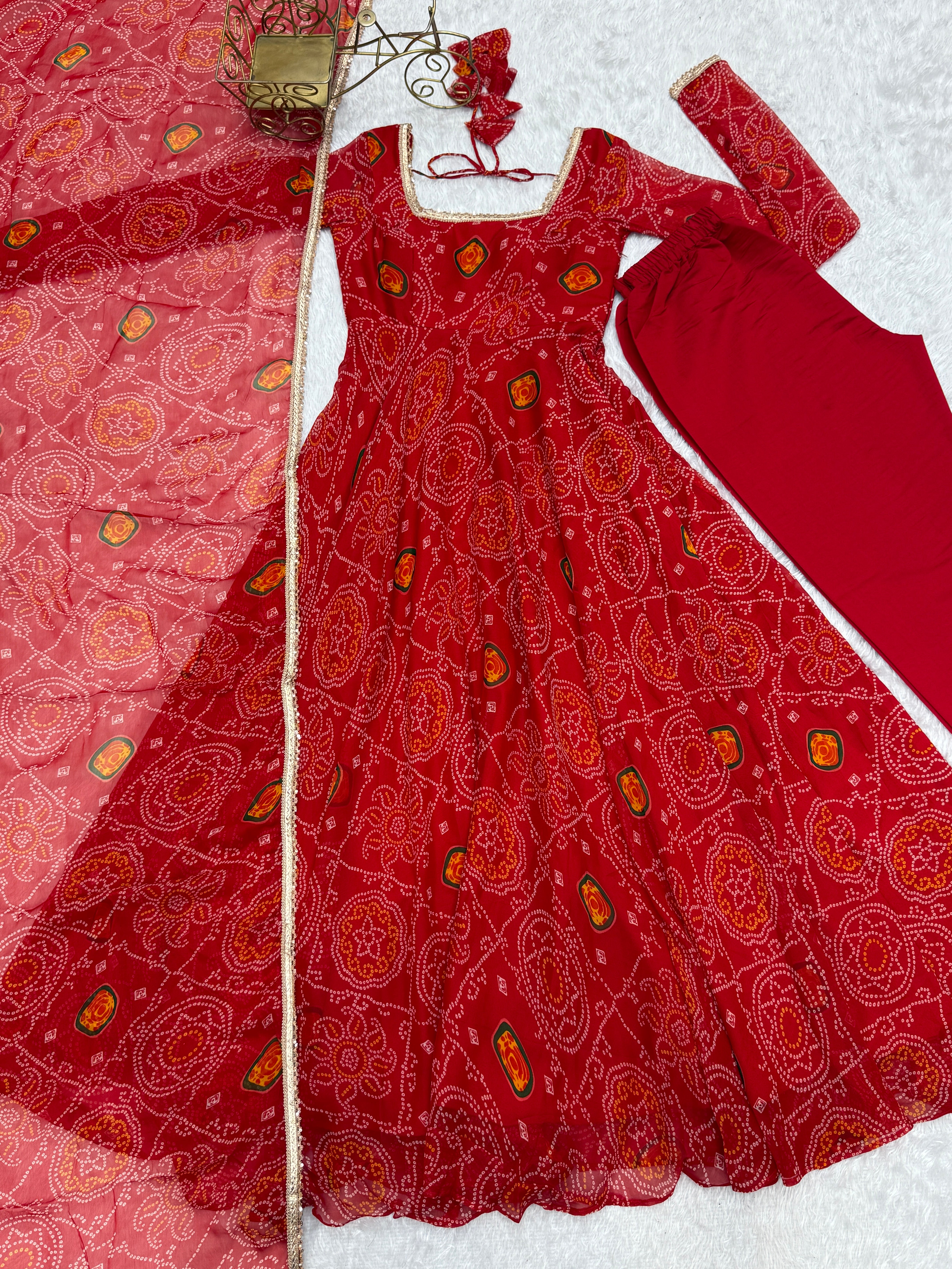 Red Color Bandhej Chiffon Floral Anarkali | Nardev Fashion