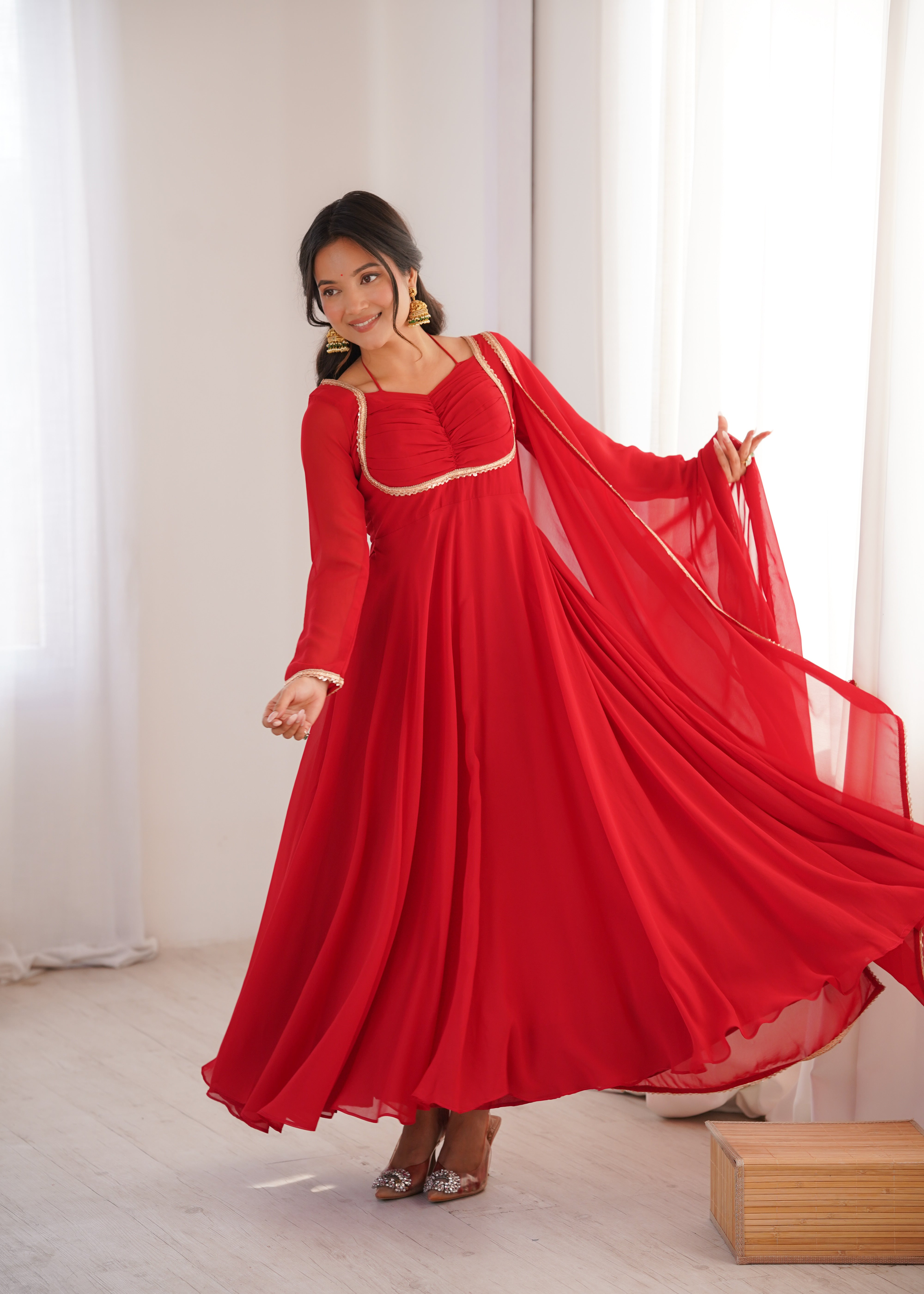 Red Designer Anarkali with Dupatta | Festival & Wedding Wear – Nardev Fashion
