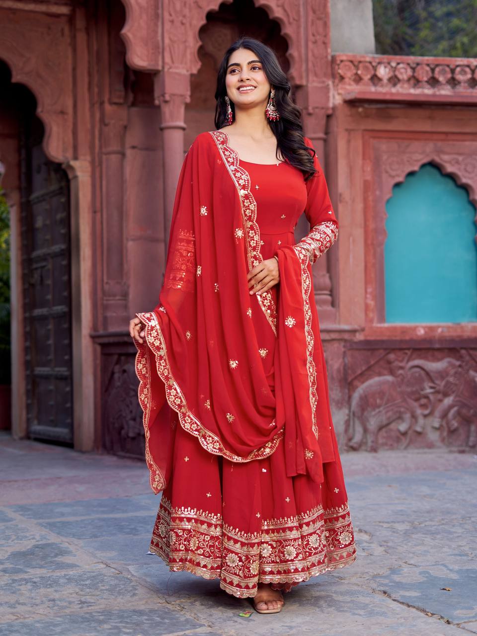 Red Partywear Anarkali Gown Set with Dupatta & Pant | Nardev Fashion