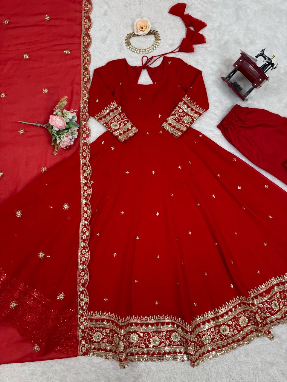 Red Partywear Anarkali Gown Set with Dupatta & Pant | Nardev Fashion