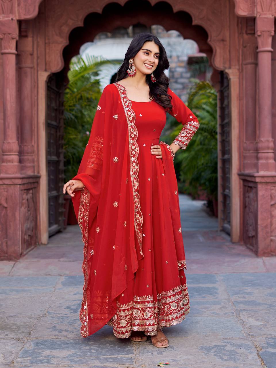 Red Partywear Anarkali Gown Set with Dupatta & Pant | Nardev Fashion