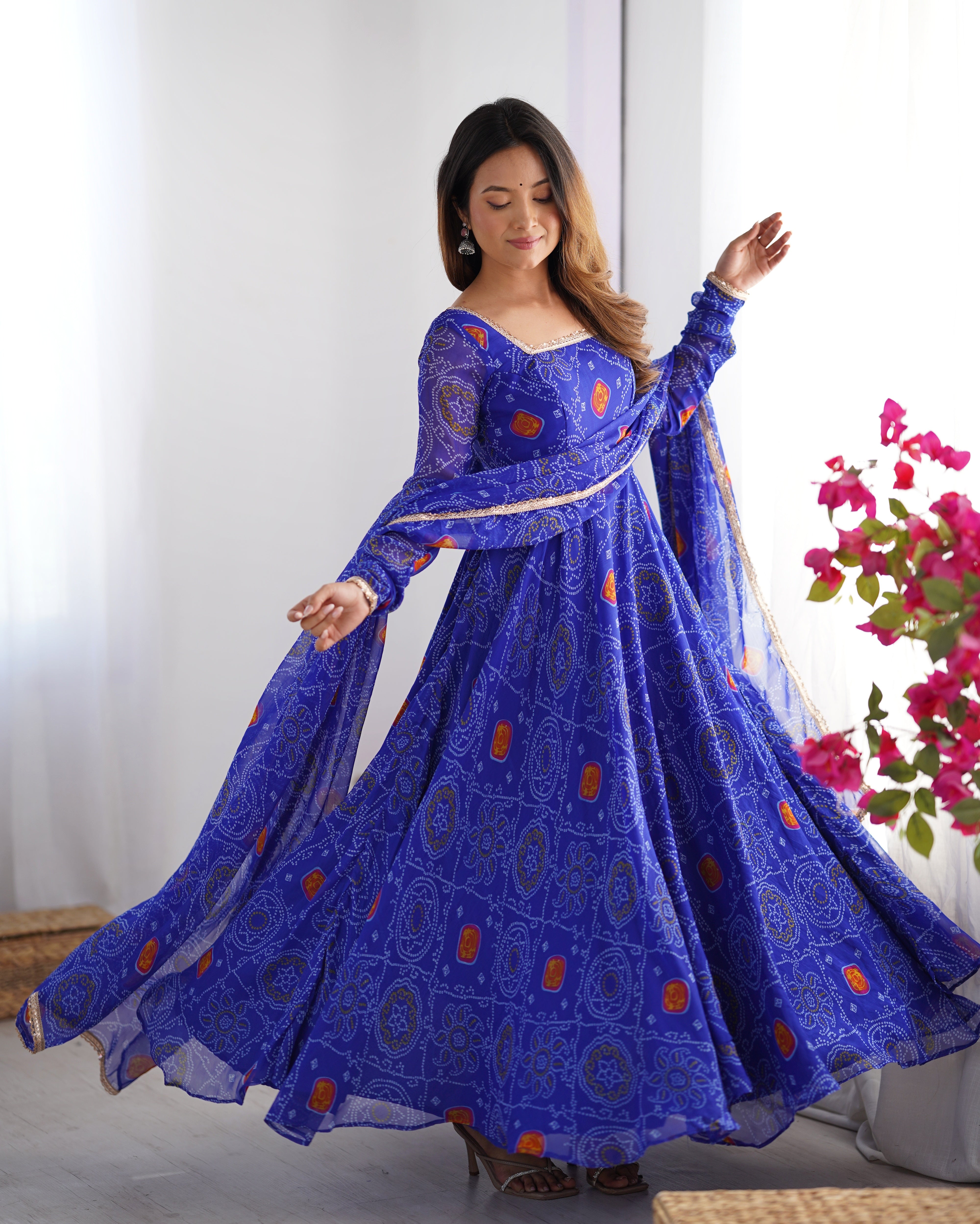 Royalblue Color Chiffon Floral Anarkali | Nardev Fashion