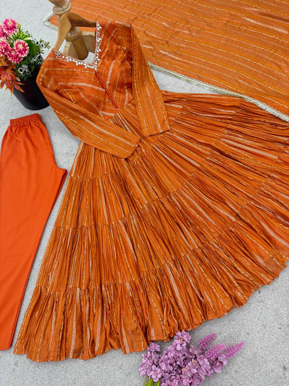 Rust Color Mal Chanderi Ruffle Flaired Gown Set | Nardev Fashion