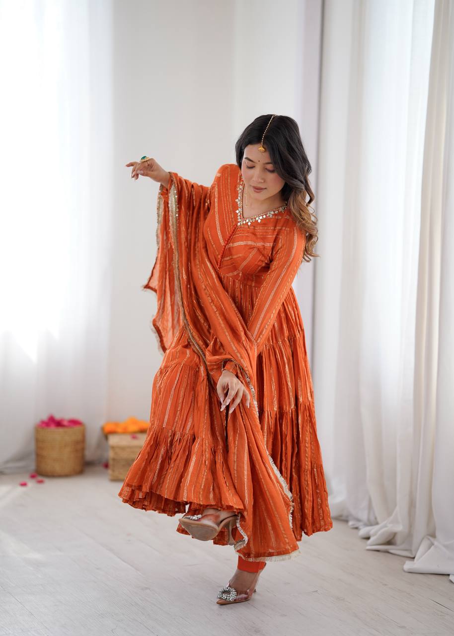 Rust Color Mal Chanderi Ruffle Flaired Gown Set | Nardev Fashion
