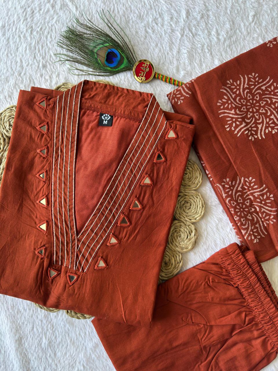 Rust Color Cotton A-Line Kurti Pant Dupatta Set | Nardev Fashion