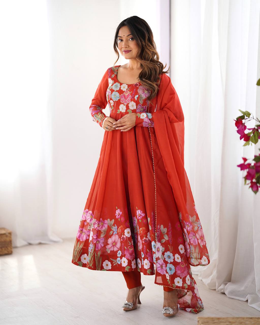 Rust Color Floral Trending Anarkali Dress