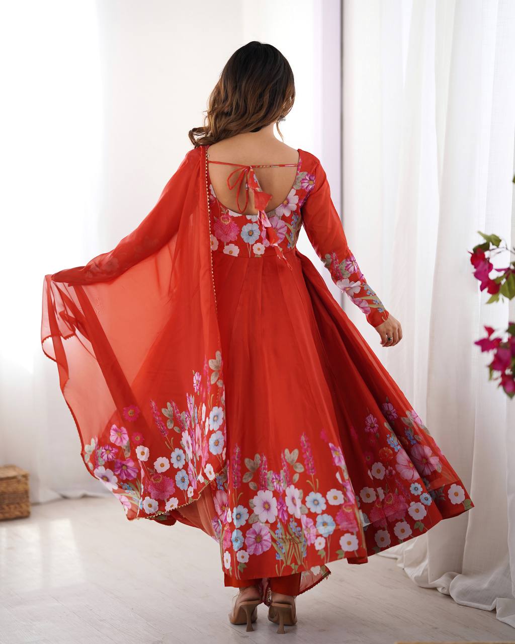 Rust Color Floral Trending Anarkali Dress