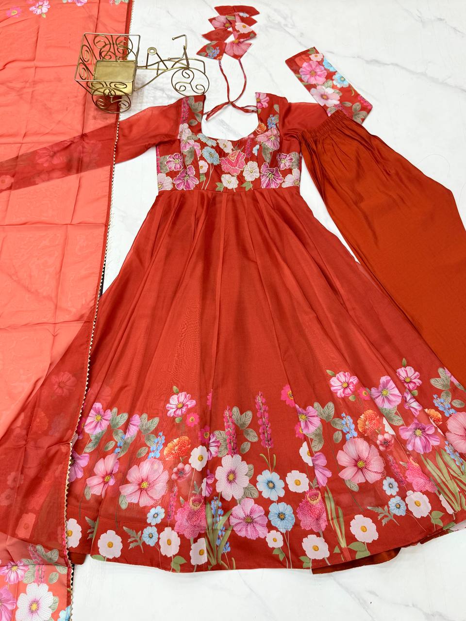 Rust Color Floral Trending Anarkali Dress